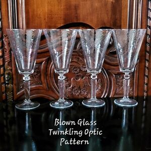 (4) Vntg 12oz Pier 1 Clear Optic Blown Glass 8 3/4" Goblets